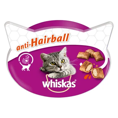 Whiskas anti-Hairball, imagen de gato gris y snacks rellenos. Texto visible: anti-Hairball, Whiskas. Símbolo de gato con bola de pelo.