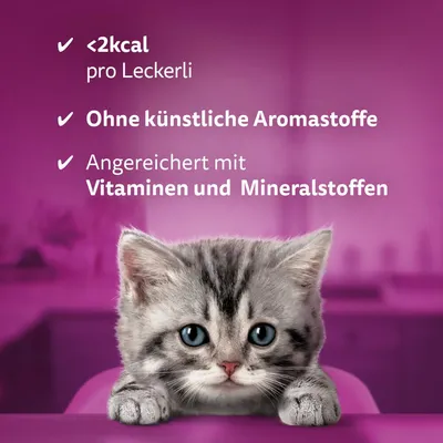 <2kcal pro Leckerli, ohne künstliche Aromastoffe, angereichert mit Vitaminen und Mineralstoffen.