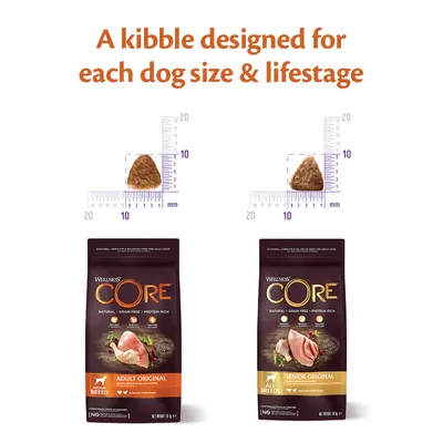 Comparison of two kibble sizes for adult and senior life stages, each shown with a ruler for scale above corresponding food bags labelled Adult Original and Senior Original.