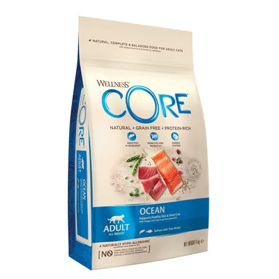 Wellness CORE Ocean dry food for adult cats, grain free, protein-rich, with fresh fish as main ingredient, prebiotics and probiotics, hairball control, salmon with tuna recipe, 4kg bag.