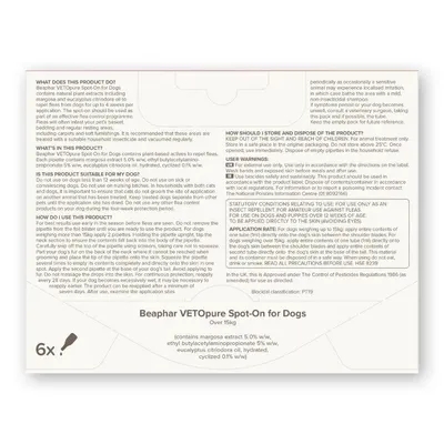 Beaphar VETOpure Spot-On for Dogs over 15kg. Contains plant-based actives to repel fleas. Instructions, ingredients, warnings, application rate and storage details are shown.