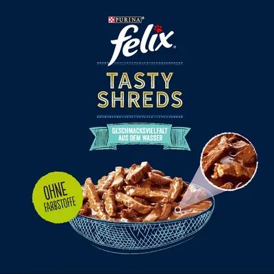 Purina Felix Tasty Shreds, Geschmacksvielfalt aus dem Wasser, ohne Farbstoffe. Abgebildet: Schüssel mit Fleischstreifen in Sauce.