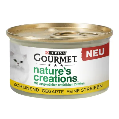 Boîte Purina Gourmet nature's creations, texte allemand : Schonend gegarte feine Streifen, NEU, image d’un chat blanc. Texte en allemand sur les ingrédients naturels.