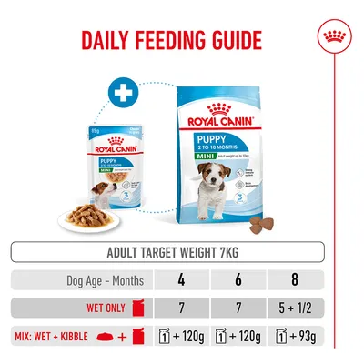 Feeding table for Royal Canin Puppy Mini at 7 kg adult weight: Wet food only 7 pouches, mixed 1 pouch plus 120 g dry food at 4 and 6 months, 1 pouch plus 93 g at 8 months.