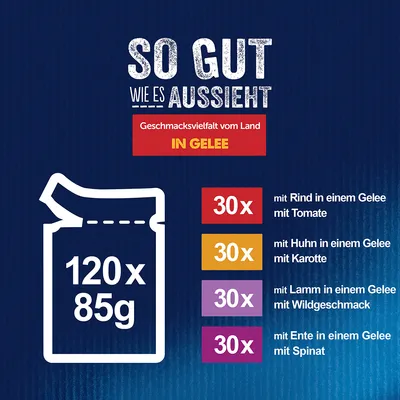 Geschmacksvielfalt vom Land in Gelee: 120x85g. 30x mit Rind und Tomate, 30x mit Huhn und Karotte, 30x mit Lamm und Wildgeschmack, 30x mit Ente und Spinat.