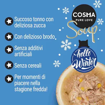 COSMA PURE LOVE Soup. Succoso tonno con deliziosa zucca, con delizioso brodo, senza additivi artificiali, senza cereali. Per momenti di piacere nella stagione fredda. hello Winter.