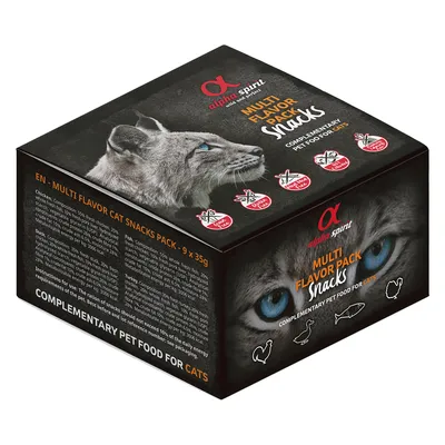 Alpha Spirit Multi Flavor Pack Snacks, alimento complementario para gatos. Contiene pollo, pato, pavo y pescado. Sin cereales, sin gluten, sin aditivos artificiales.