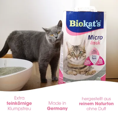 Biokat's Micro fresh Katzenstreu, extra feinkörnige Klumpstreu, hergestellt aus reinem Naturton ohne Duft, Made in Germany. Hohe Saugfähigkeit, starke Geruchsbindung, feste flache Klumpen.