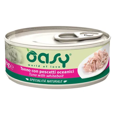 Oasy world of love Tonno con pescetti oceanici, Tuna with whitebait, SPECIALITÀ NATURALE, blik van 70 g met afbeelding van tonijn op een bord