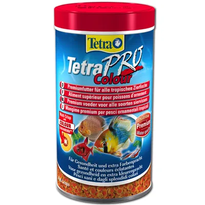 TetraPRO Colour, burk med fiskfoder. Text: Premiumfutter für alle tropischen Zierfische, Multi Crisp with Colour Concentrate, Nutrition Premium Water quality. Bilder på akvariefiskar.
