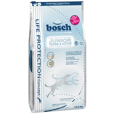 bosch Junior Young & Active hrană pentru câini, Ultra Premium Quality, fabricat în Germania, 12,5 kg, 26% proteină, 14% grăsime, pentru dezvoltare armonioasă și vitalitate.