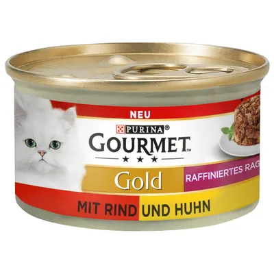 Консерва Purina Gourmet Gold для кошек, надписи: NEU, RAFFINIERTES RAGOUT, MIT RIND UND HUHN. Изображение белой кошки и блюда с мясом на этикетке.