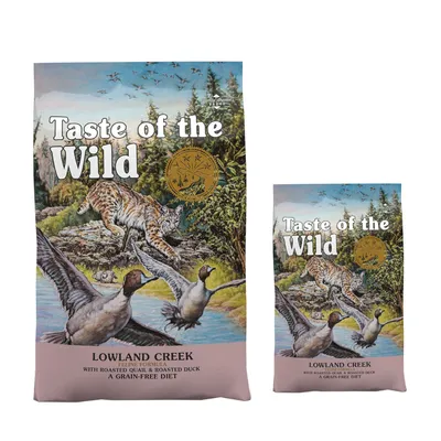 Taste of the Wild Lowland Creek with roasted quail and roasted duck, grain-free diet. Two bags shown: large and small size.