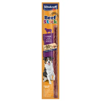 Vitakraft Beef Stick Original, +Lamm, 90 % Fleisch, extra Vitamine, slika psa na pakiranju, sugar free recipe, tekst na engleskom i njemačkom jeziku