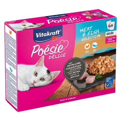 Vitakraft Poésie Délice Meat & Fish Selection, 6x galaretka, z naturalnymi kawałkami mięsa/ryby, bez cukru, bez zbóż, wyprodukowano w Niemczech.