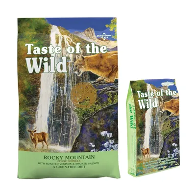 Taste of the Wild Rocky Mountain Feline Formula with roasted venison and smoked salmon, grain-free diet. Image shows two sizes of product packaging.