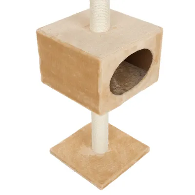 Cat tree with beige plush cover, square base plate, sisal post and enclosed cave with oval entrance.
