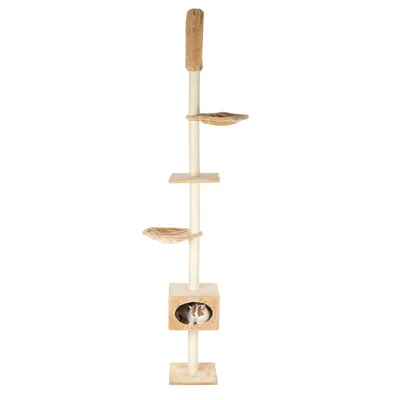 Cat tree with multiple levels, cave and beige fabric resting areas. Cat visible in the lower cave.
