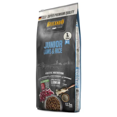 Sac Belcando Dog Food Junior Lamb & Rice, 12,5 kg, mention super premium quality, made in Germany, nutrition holistique, 30% fresh lamb, croquettes visibles en bas du sac.