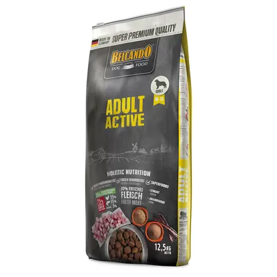 Sac de croquettes Belcando Dog Food Adult Active, 12,5 kg, pour chiens adultes M–XL, 30 % viande fraîche, superfoods, texte en anglais et allemand visible sur l’emballage.