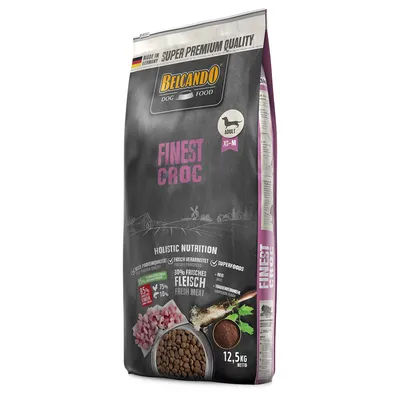 Sac de croquettes Belcando Dog Food Finest Croc, Adult XS–M, 12,5 kg, 30 % fresh meat, super premium quality, made in Germany, illustrations d’ingrédients visibles sur l’emballage.