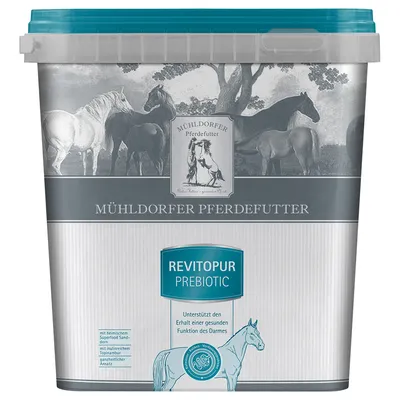 Seau Mühldorfer Pferdefutter Revitopur Prebiotic, texte en allemand, illustration de chevaux, mention du soutien à la fonction intestinale. Marque et nom du produit bien visibles.