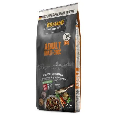 Saco de ração Belcando Dog Food Adult Multi-Croc, 12,5 kg. Texto visível: Super Premium Quality, Holistic Nutrition, Made in Germany. Imagem de croquetes e ingredientes na embalagem.