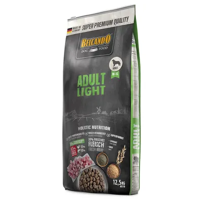 Sac de croquettes Belcando Dog Food Adult Light M–XL, 12,5 kg, 30 % frisches Fleisch, super premium quality, made in Germany, images d’ingrédients visibles sur l’emballage.