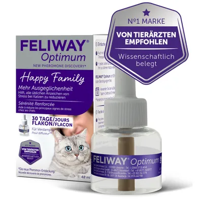 Feliway Optimum Happy Family, 48 ml flaska för förångare. Hjälper till att minska stress hos katter. Rekommenderas av veterinärer, vetenskapligt bevisat.