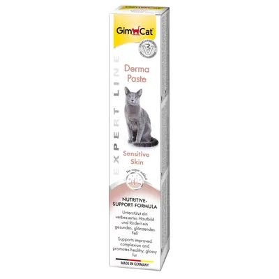 GimCat Derma Pasta dla wrażliwej skóry. Wspiera poprawę kondycji skóry i lśniącą sierść. Bez dodatku cukru, wyprodukowano w Niemczech.