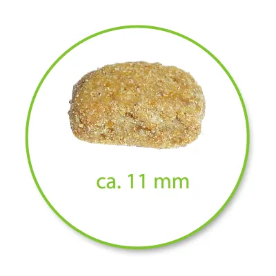 Гранула с приблизителен размер 11 мм, показана в близък план с надпис „ca. 11 mm“ под нея.
