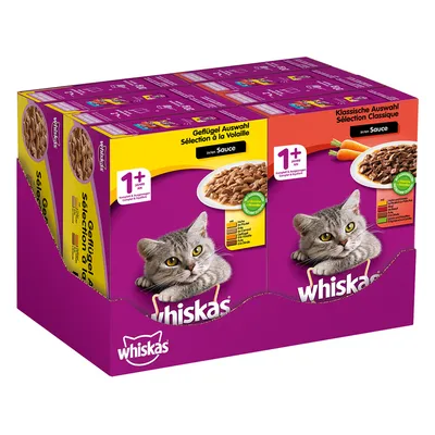 Pachet multiplu Whiskas pentru pisici adulte 1+ ani, selecție Geflügel Auswhal și Klassische Auswahl în sos. Ambalaj mov cu imagine de pisică și farfurii cu hrană umedă.