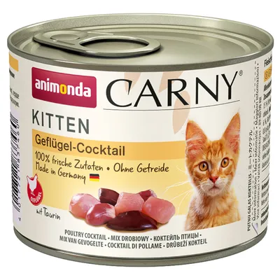 animonda Carny Kitten Geflügel-Cocktail, 100 % frische Zutaten, sans céréales, Made in Germany, avec taurine, image d’un chaton et morceaux de volaille sur l’emballage