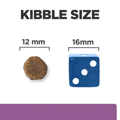 Veličina granula: okrugla granula promjera 12 mm uspoređena s plavom kockicom veličine 16 mm. Tekst: KIBBLE SIZE, 12 mm, 16 mm.
