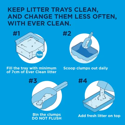 Anleitung zur Reinigung von Katzentoiletten mit Ever Clean: 1. Mindestens 7cm Streu einfüllen, 2. Klumpen täglich entfernen, 3. Klumpen entsorgen, nicht spülen, 4. Frische Streu hinzufügen.