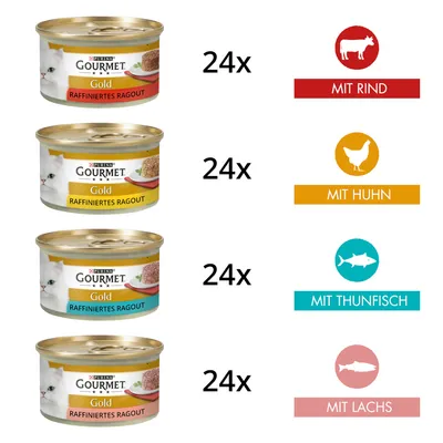 Purina Gourmet Gold Raffiniertes Ragout, 24x naudanliha, 24x kana, 24x tonnikala, 24x lohi. Neljä lajia kissanruokaa purkissa.
