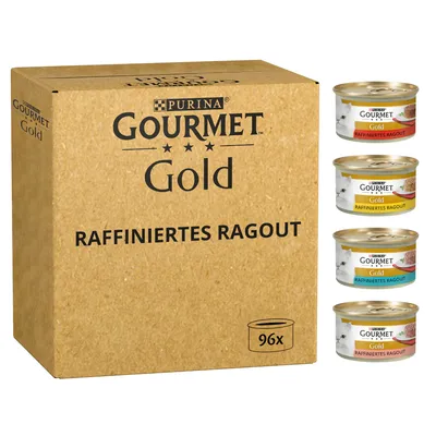 Purina Gourmet Gold Raffiniertes Ragout, 96 purkkia eri makuja. Pakkaus ja tuotekuvat näkyvissä.
