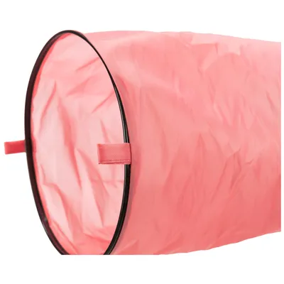 Pink fabric play tunnel with black frame and side handles.