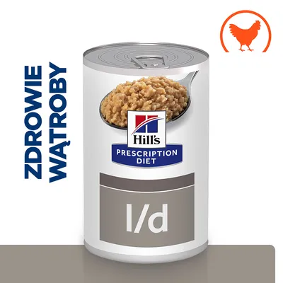Hill's Prescription Diet l/d, puszka z karmą mokrą, napis: ZDROWIE WĄTROBY, grafika kurczaka w pomarańczowym okręgu.