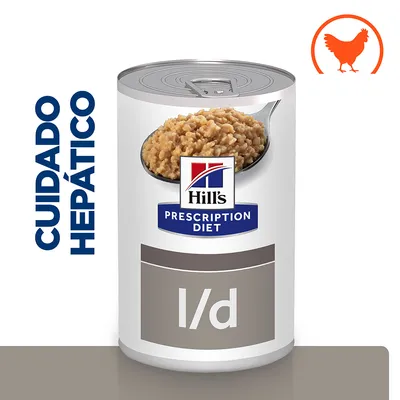 Lata de Hill's Prescription Diet l/d, texto visible: CUIDADO HEPÁTICO, imagen de comida húmeda y símbolo de pollo naranja en la esquina superior derecha.