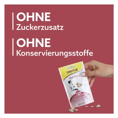 GimCat Malt Tabs, ohne Zuckerzusatz und ohne Konservierungsstoffe. Verpackung mit Hand gehalten, Tabletten sichtbar.