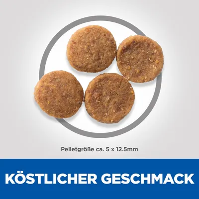 Patru crochete rotunde, dimensiune aproximativ 5 x 12,5 mm. Text vizibil: „KÖSTLICHER GESCHMACK” și „Pelletgröße ca. 5 x 12.5mm”. Textul este în limba germană.