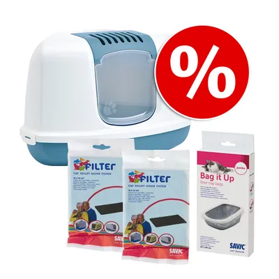 Set za mačji WC: zatvoreni plastični WC Savic, 2 pakiranja filtera Cat Toilet Home Filter i vrećice Bag it Up Jumbo, vidljiv znak postotka za akciju.