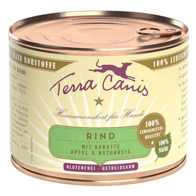 Terra Canis Rind koiranruokasäilyke. Teksti: mit Karotte, Apfel & Naturreis, 100 % Lebensmittel-Qualität, 100 % Natur, glutenfrei, getreidearm.