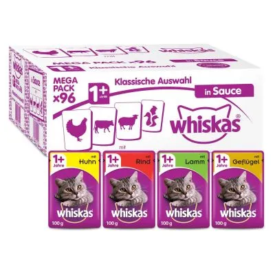 Whiskas MEGA PACK x96, 1+ Jahre, in Sauce, příchutě Huhn, Rind, Lamm, Geflügel, balení kapsiček pro kočky, každá kapsička 100 g. Text v němčině.