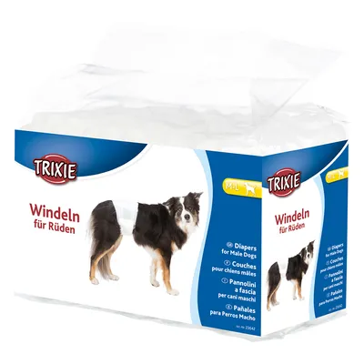 Trixie Windeln für Rüden M–L, koiran vaipat uroskoirille. Pakkauksessa kuva koirasta, jolla on vaippa. Teksti useilla kielillä: Diapers for Male Dogs ym.