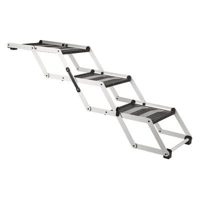 Klappbare Aluminium-Hunderampe mit rutschfesten schwarzen Trittflächen, geeignet für den Einstieg in Fahrzeuge oder erhöhte Bereiche.