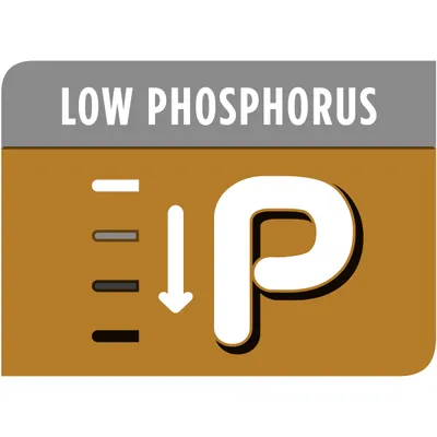 Low phosphorus feature highlighted with downward arrow and letter P, indicating reduced phosphorus content.