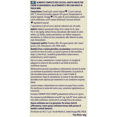 Tabella informativa su alimento per cuccioli, cagne in gravidanza e cani adulti mini: ingredienti, additivi, analisi nutrizionale, modalità d’uso, avvertenze, peso netto 14 kg.