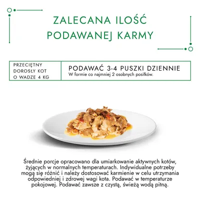 Zalecana ilość karmy: przeciętny dorosły kot 4 kg – podawać 3–4 puszki dziennie w co najmniej 2 posiłkach. Na zdjęciu porcja mokrej karmy na talerzu.